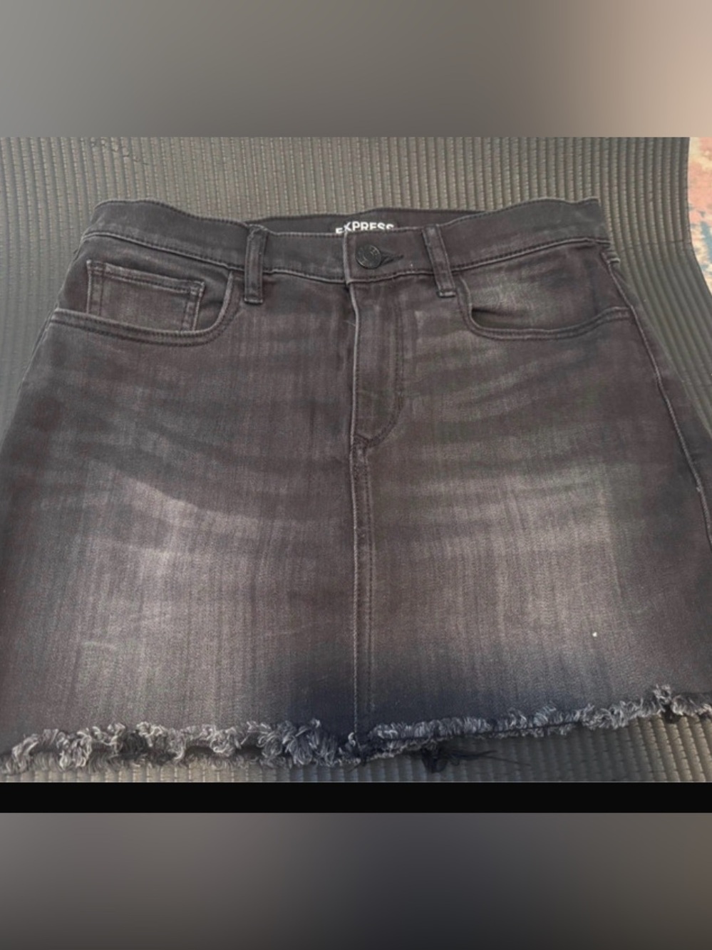 Express Black Washed Denim Mini Skirt with Frayed Hem